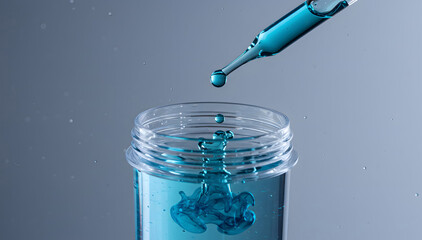 Laboratory dropper experiment with blue solution in transparent container