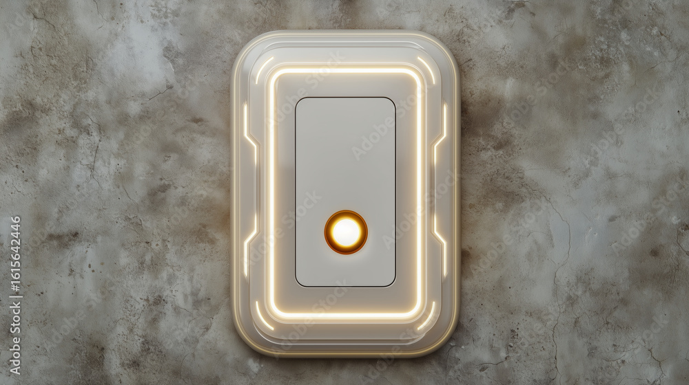 Poster futuristic smart light switch with a glowing touchscreen interface, mounted on a concrete wall in a 