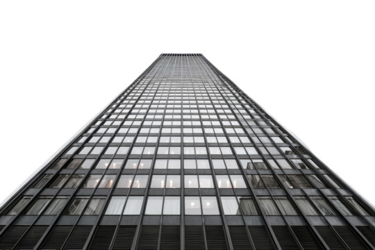 Low-angle view of a modern skyscraper.  Glass facade, many windows