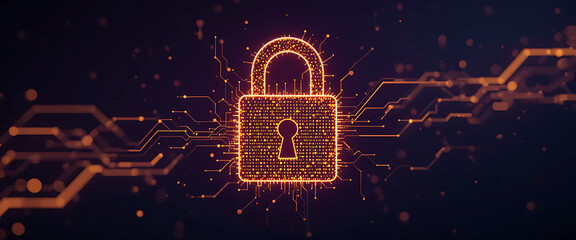 Abstract pop up cyber protection 3d digital lock which created by millions of tiny golden glowing particles connected by glowing lines, in a solid minimalist dark purple gradient texture background, 