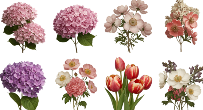 Isolated Floral Collection PNG Illustration Featuring Pink Flowers