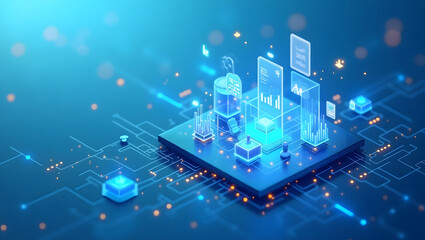 Advanced AI processor on a circuit board managing big data analytics, cybersecurity, and financial technology.