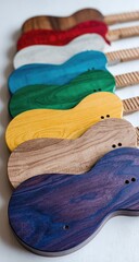 A selection of colorful wooden guitar bodies.