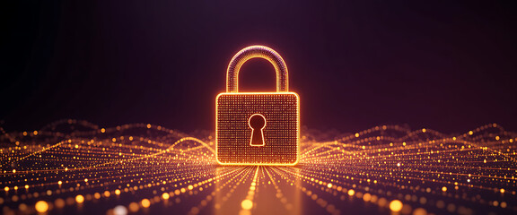 Abstract pop up cyber protection 3d digital lock which created by millions of tiny golden glowing particles connected by glowing lines, in a solid minimalist dark purple gradient texture background, 