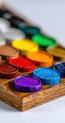 Colorful wooden  pieces arranged in a wooden tray.