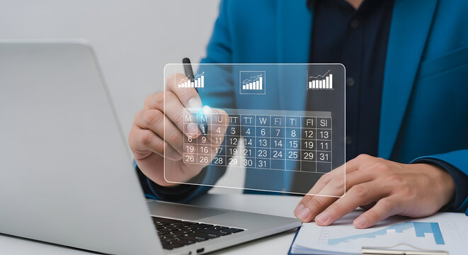 A person in a blue blazer interacting with a digital calendar interface, planning and scheduling tasks.