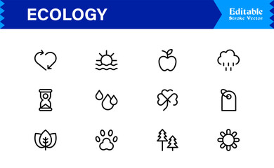Ecology Icon Set Featuring Nature, Environment, Sustainability Symbols in Vector Style for Web, App, and Environmental Projects with Clean Line Illustrations
