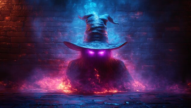 Eerie wizard with glowing purple eyes and fiery aura on brick background magic sorcerer - Powered by Adobe