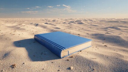 A vibrant blue book rests on a vast expanse of sandy desert, bathed in sunlight