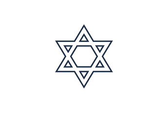 A simple outline of a star of david symbol in dark blue on a plain white background