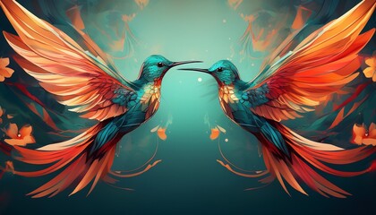 two stylized hummingbirds in teal red and orange colors flying wings