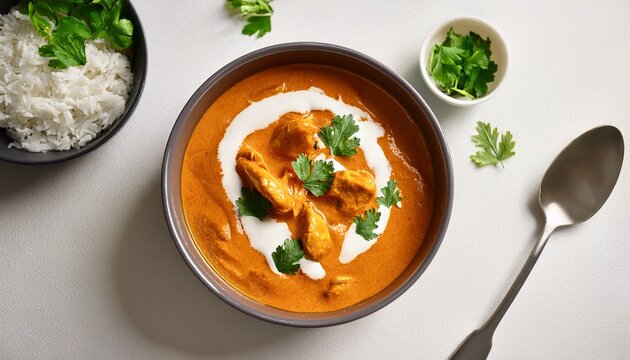 beautiful top view of butter chicken curry with swirl of cream and garnished with fresh coriander on a light background
