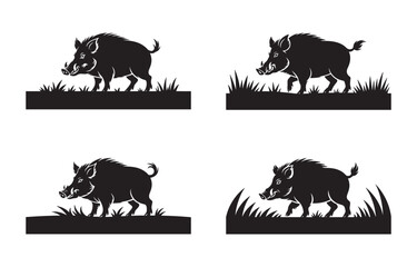 Four stylized silhouette images of a wild boar walking in grass vector illustrations