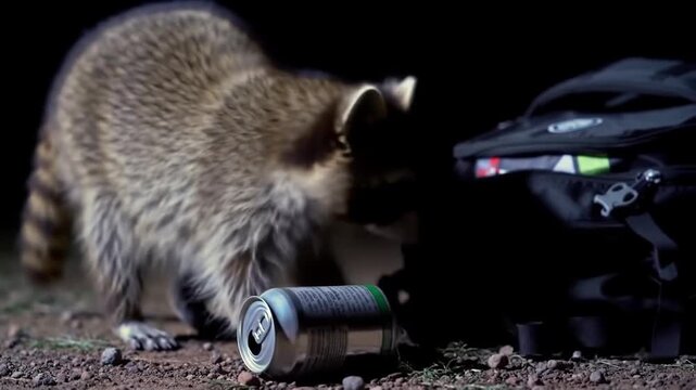 A raccoon sneaks through a campsite at night, lit by moonlight, sniffing around a backpack and overturned can.