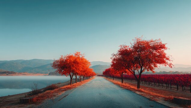 Autumnal road by a lake, vibrant trees - Powered by Adobe