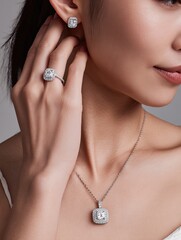 Elegant Woman Wearing Luxurious Diamond Jewelry Set on Neutral Background