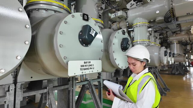 Gas insulated switchgear equipment inspected by engineer in industrial facility with safety helmet and vest ensuring operational efficiency safety and expert maintenance focus