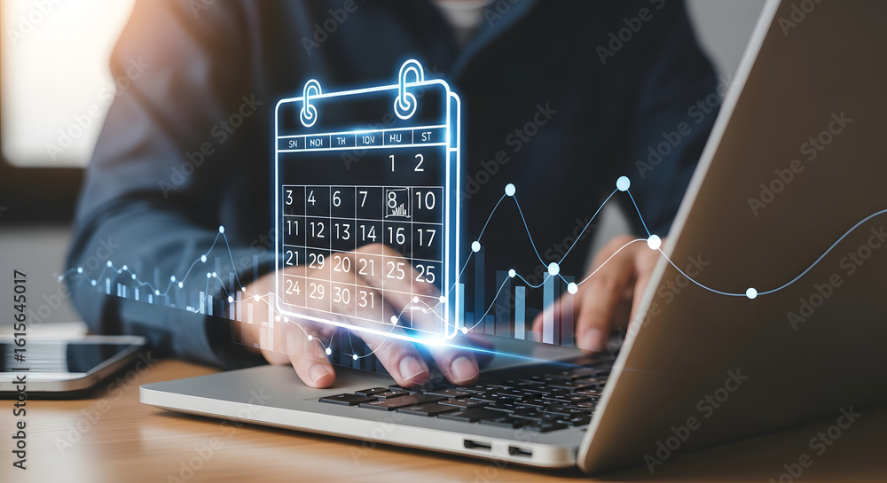 Poster person using a laptop with a digital calendar and graph overlay, suggesting scheduling or planning.
