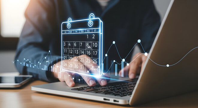 Person using a laptop with a digital calendar and graph overlay, suggesting scheduling or planning.