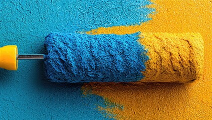 Paint roller with blue and gold paint on textured wall.