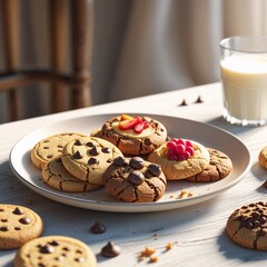 cookies and milk food dessert cake sweet breakfast pastry homemade cookies baked bakery delicious tasty biscuit cream  fresh snack plate chocolate isolated close-up 