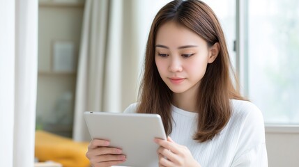 Young Asian woman using digital tablet in bright cozy indoor space