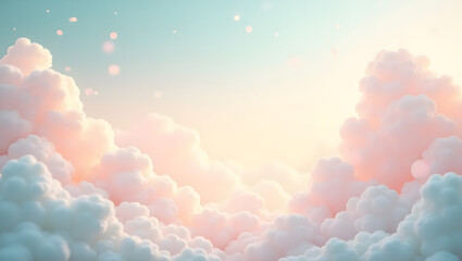 Concept of a dreamy cloudscape with soft pastel clouds. A serene heavenly sky background with gentle sunlight and sparkling details.