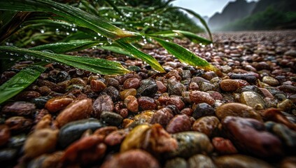 Close-up view of wet pebbles and leaves.
