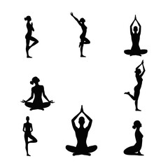 Fototapeta premium Set of yoga poses vector silhouettes Black icons of woman in meditation and stretching positions for fitness wellness and health concepts