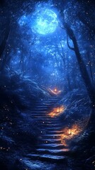 Steps in Dark Forest Under a Shining Moon with Lanterns