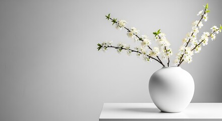 Elegant White Blossom Branches in Matte Vase on Tabletop against Minimalist Gray Background, Spring Floral Arrangement Still Life, Serene Interior Decor