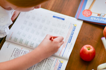 A young girl focuses on solving math problems in her workbook during a homeschool lesson. Ideal for concepts of homeschooling, independent learning, and early education.