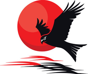 Black Bird Flying Over Water with Rising Sun.Minimalist Japanese Bird and Red Sun Illustration.