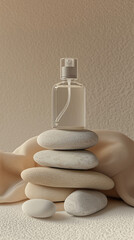 Spa still life with stones and transparent clear pump bottle mockup