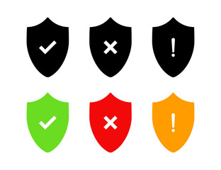Security shield icons set with check mark, cross, plus and exclamation symbols, protection and safety badges in modern flat vector design for secure interface and antivirus concepts