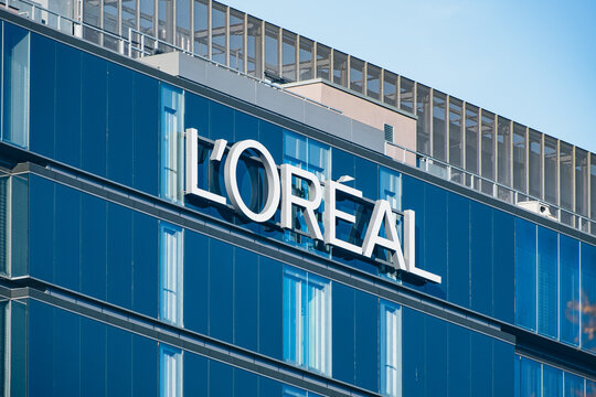 Logo of L'Oreal, world's largest cosmetics company at the exterior of an office building