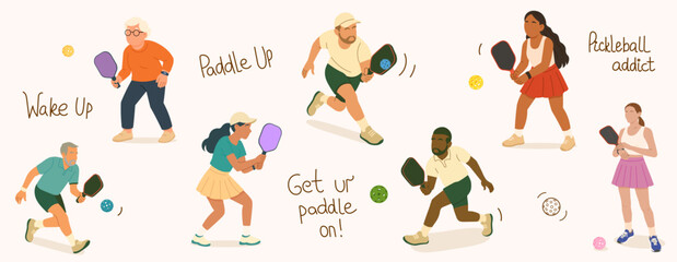 Hand-drawn illustration of diverse people playing pickleball with handwritten phrases and colorful paddles and balls