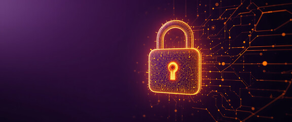 Abstract pop up cyber protection 3d digital lock which created by millions of tiny golden glowing particles connected by glowing lines, in a solid minimalist dark purple gradient texture background, 