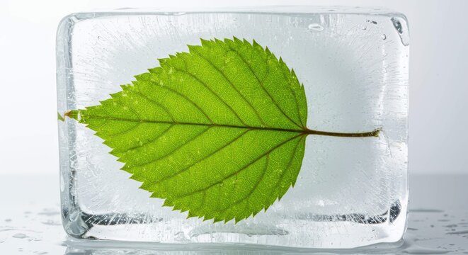 Green leaf frozen inside a block of ice, nature preservation - Powered by Adobe