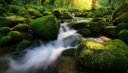 lush greenery surrounds tranquil stream with water cascading over moss covered rocks
