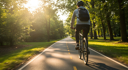 A cyclist with a backpack rides down a paved path lined with trees in a sunny park.