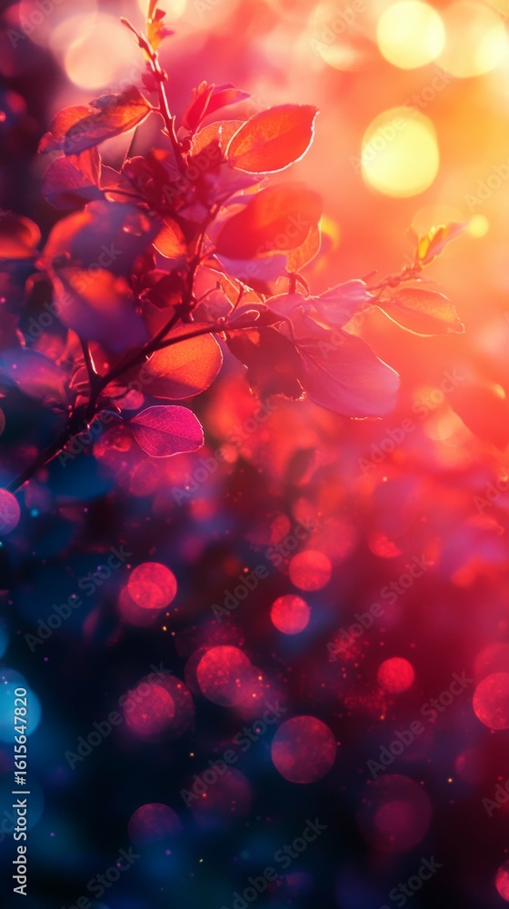 Poster leaves with colorful bokeh background for abstract nature design
