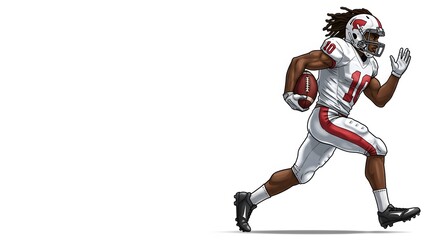 Powerful American football player in a white uniform running with the ball. Dynamic isolated vector illustration of an athlete in action.