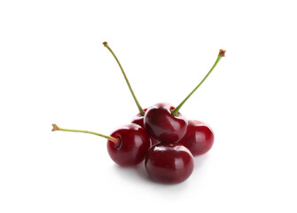 Many fresh ripe cherries isolated on white