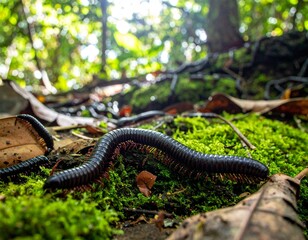 Obraz premium Millipede in a Forest: An intimate perspective of a millipede on mossy terrain. Focus on the detailed anatomy of the creature and the lush forest environment.