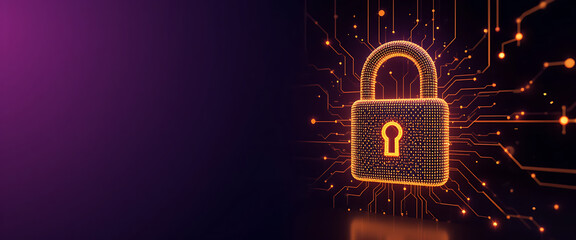 Abstract pop up cyber protection 3d digital lock which created by millions of tiny golden glowing particles connected by glowing lines, in a solid minimalist dark purple gradient texture background, 