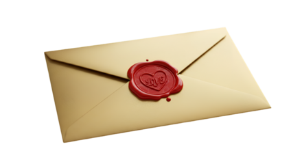 Isolated Gold Envelope with Red Wax Seal and a Heart Symbol on Transparent Background