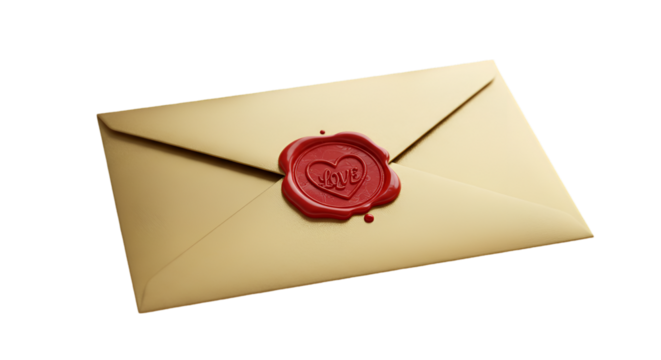 Isolated Gold Envelope with Red Wax Seal and a Heart Symbol on Transparent Background - Powered by Adobe