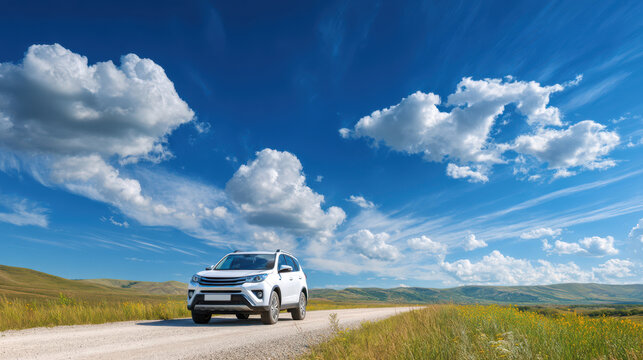 A white SUV travels on a winding dirt road surrounded by lush green fields and colorful wildflowers under a striking blue sky filled with fluffy clouds