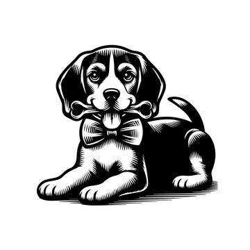 Adorable Beagle puppy wearing a bowtie holding a bone in its mouth.
